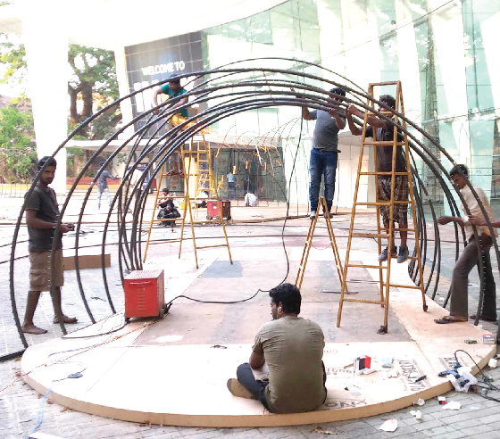Workers setting up the deco for the International Film Festival of India 2018 in the INOX courtyard in Panaji on Friday. Workers setting up the deco for the International Film Festival of India 2018 in the INOX courtyard in Panaji on Friday.