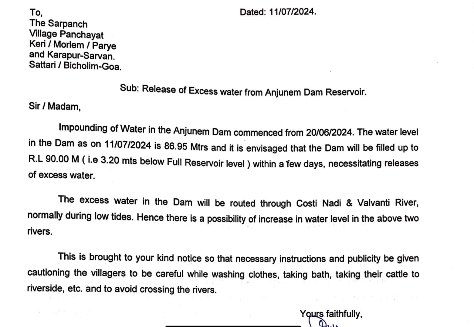 Anjunem dam to overflow, WRD alerts Bicholim villages about release of excess water