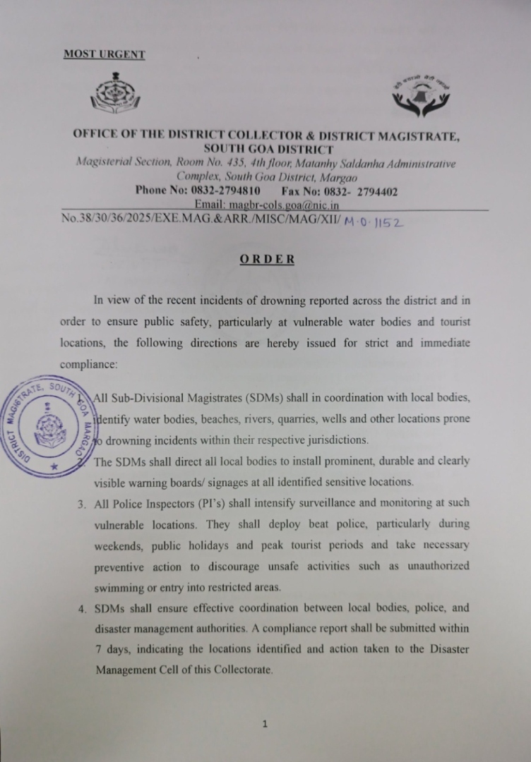 South Goa Collector issues safety order to prevent drowning incidents